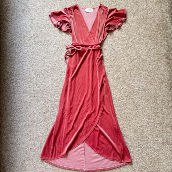 BHLDN / Anthropologie Velvet Wrap Dress, Dusty Rose Pink, Size XS - Picture 4 of 5